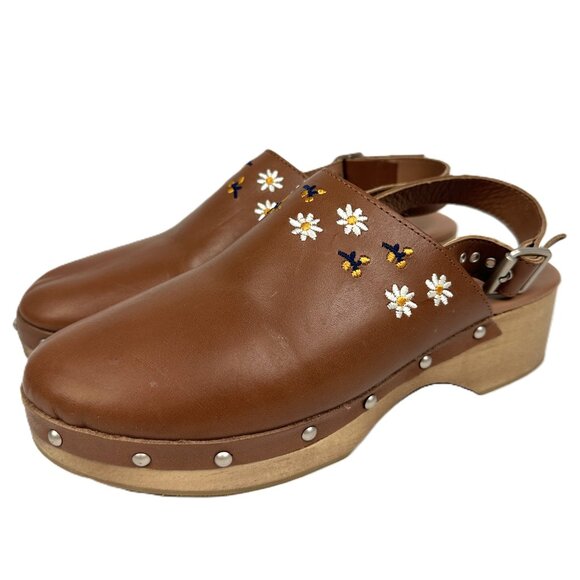 Zara Embroidered Leather and Wooden Clogs Brown Tan Size 38 7.5-8 - Picture 9 of 9